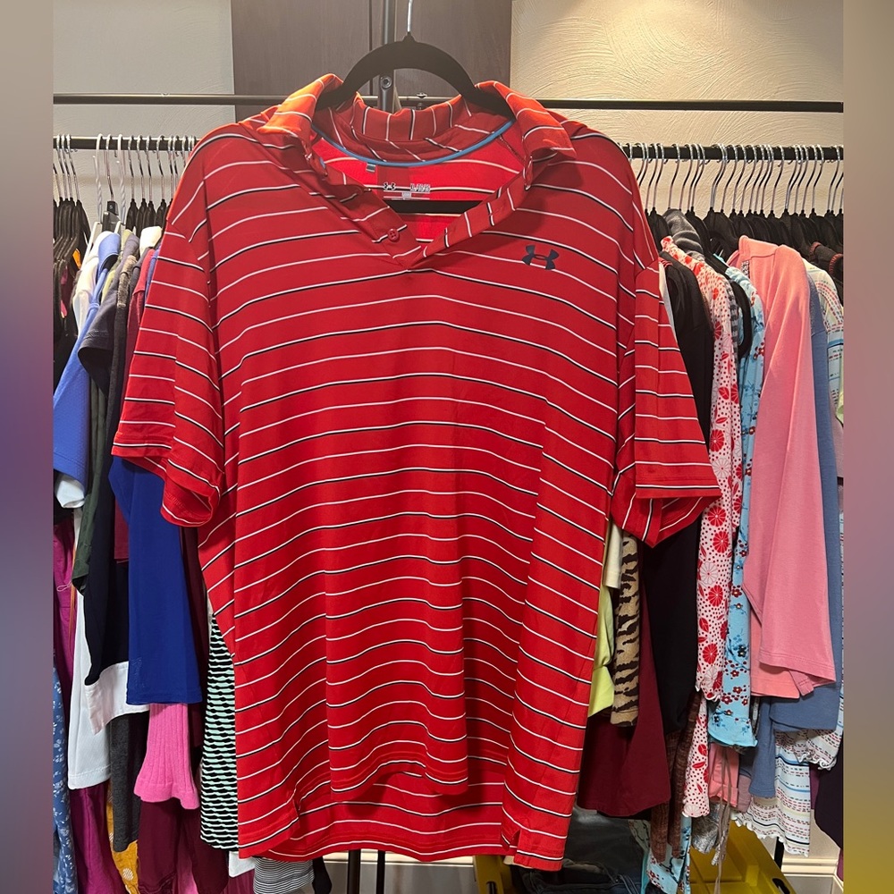 Under Armour Vibrant Red Striped Golf Polo Shirt Men’s, Size XL, HeatGear